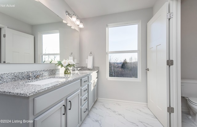 bathroom featuring plenty of natural light, toilet, and vanity