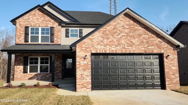 craftsman house featuring covered porch, concrete driveway, roof with shingles, a garage, and brick siding