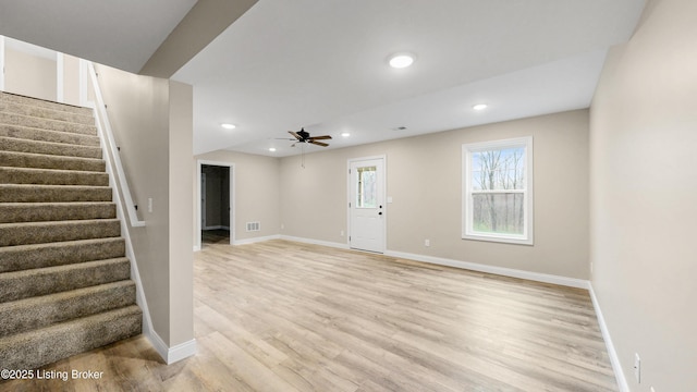 389 Williamsburg Dr, Mt Washington, KY 40047 - interior space featuring stairway, light wood-style flooring, recessed lighting, and a ceiling fan