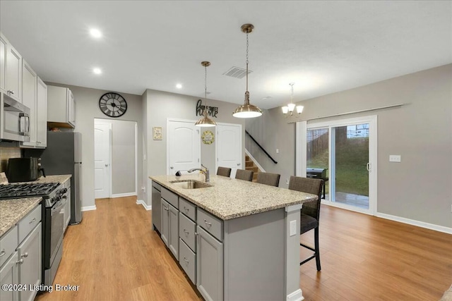 kitchen with a kitchen island with sink, hanging light fixtures, sink, appliances with stainless steel finishes, and a kitchen bar