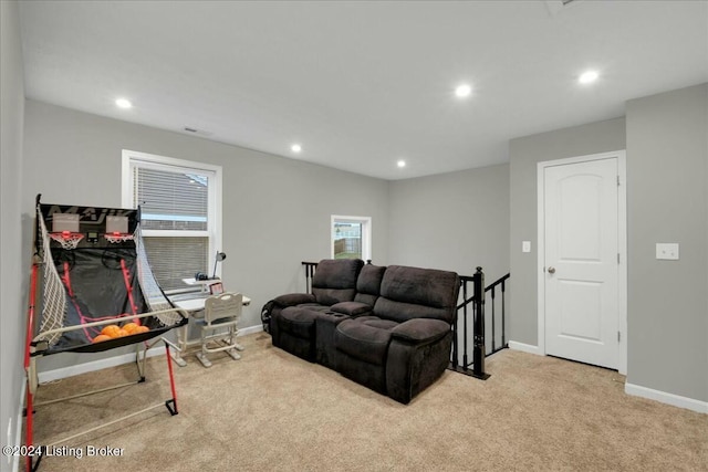 living room with light carpet