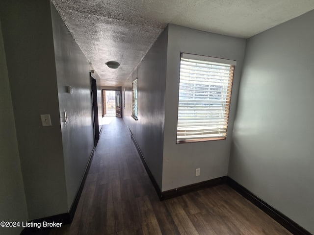 hall with a textured ceiling, dark hardwood / wood-style floors, and a wealth of natural light