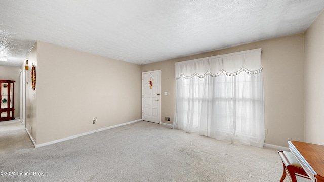 unfurnished room featuring light carpet and a textured ceiling