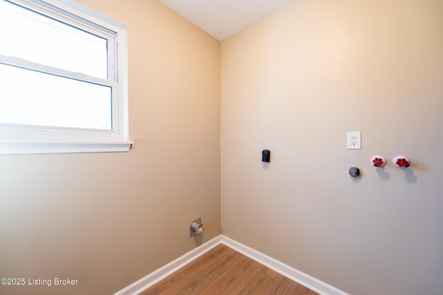 clothes washing area with washer hookup, wood-type flooring, and a textured ceiling