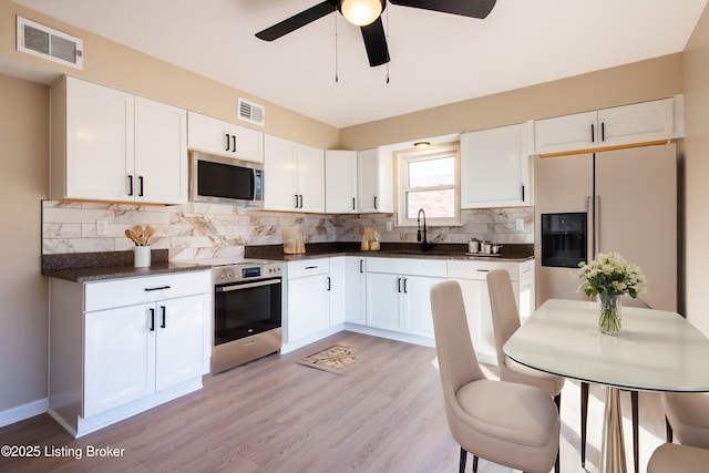 kitchen featuring backsplash, stainless steel appliances, sink, light hardwood / wood-style flooring, and white cabinetry