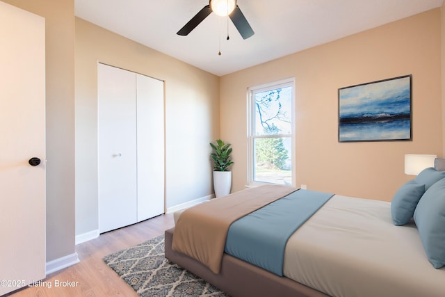 bedroom with ceiling fan, a closet, and light hardwood / wood-style floors