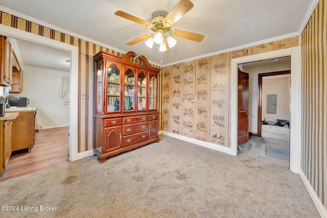 interior space with electric panel, ceiling fan, and ornamental molding