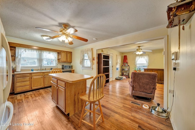 kitchen featuring crown molding, sink, light wood-type flooring, a textured ceiling, and a kitchen island