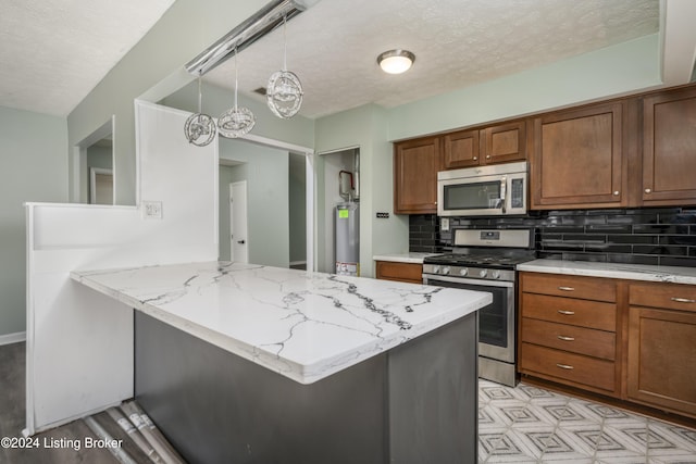 kitchen with tasteful backsplash, gas water heater, stainless steel appliances, and a textured ceiling