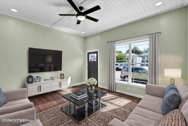 living room with ceiling fan, wood ceiling, and dark wood-type flooring