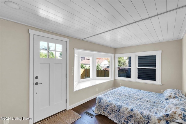 bedroom with multiple windows and dark hardwood / wood-style floors