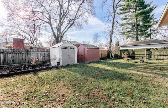 view of yard featuring a shed