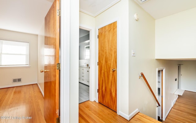 hall featuring light wood-type flooring and ornamental molding