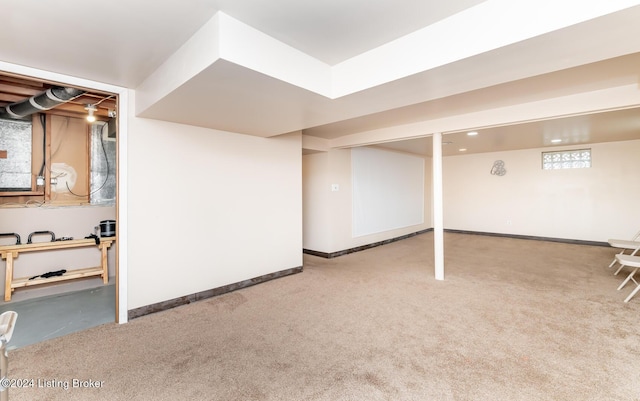 basement featuring carpet flooring