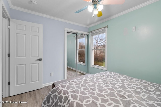 bedroom featuring ceiling fan, a closet, light hardwood / wood-style floors, and ornamental molding