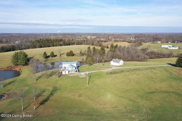 bird's eye view featuring a rural view and a water view