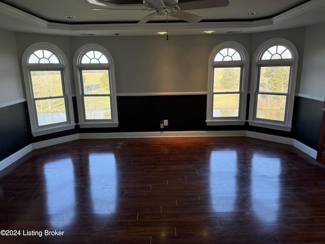 unfurnished room with ceiling fan, dark hardwood / wood-style flooring, and a raised ceiling