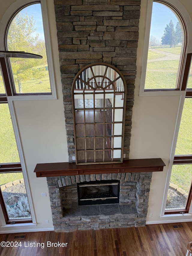 details with hardwood / wood-style flooring and a stone fireplace