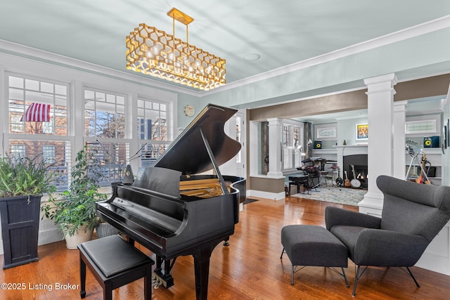 miscellaneous room featuring hardwood / wood-style flooring, ornamental molding, and decorative columns