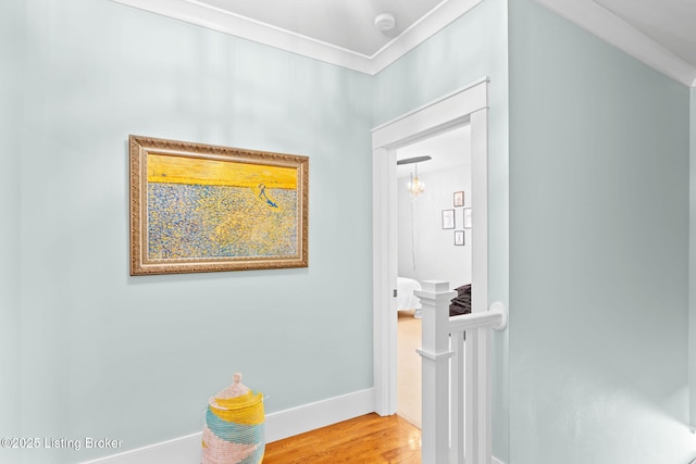 corridor with hardwood / wood-style flooring and crown molding