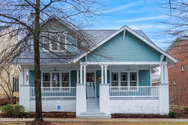 view of front of property with ceiling fan and covered porch