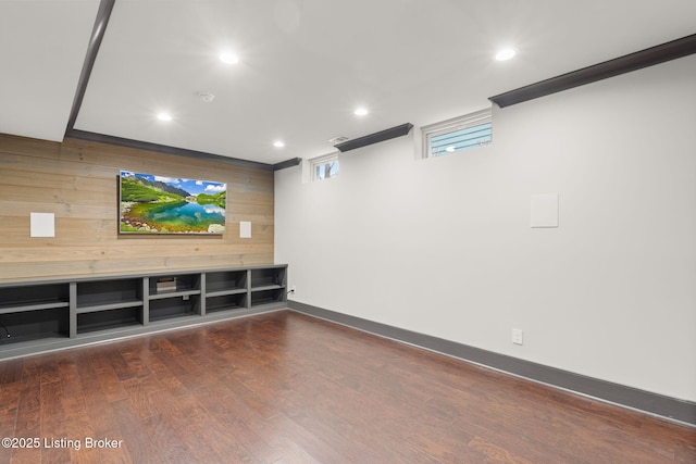 interior space featuring dark hardwood / wood-style floors and wood walls