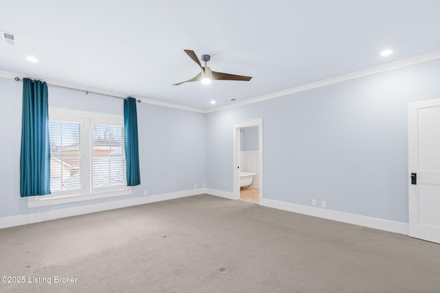 carpeted spare room with crown molding and ceiling fan