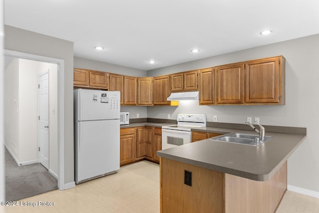 kitchen with kitchen peninsula, sink, and white appliances