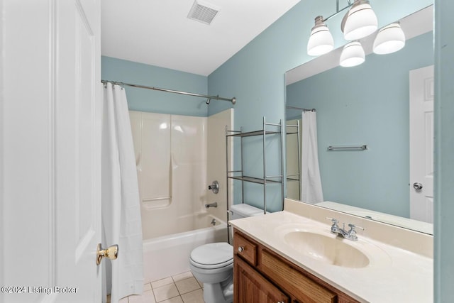 full bathroom featuring tile patterned flooring, shower / bath combination with curtain, toilet, and vanity