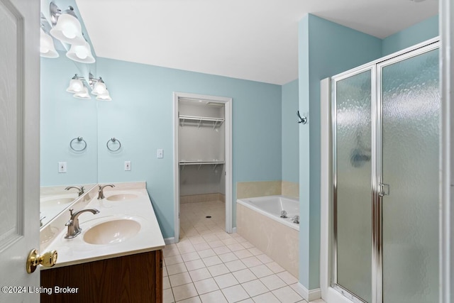 bathroom with separate shower and tub, tile patterned flooring, and vanity