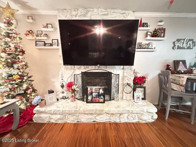 living room featuring hardwood / wood-style flooring, a stone fireplace, and ornamental molding