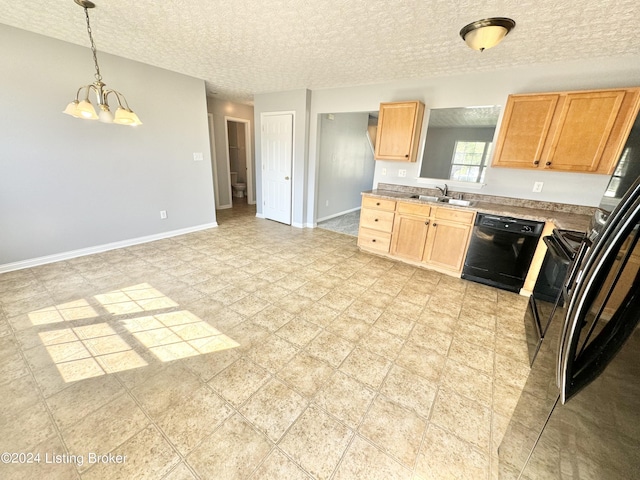 kitchen featuring sink, an inviting chandelier, pendant lighting, a textured ceiling, and black appliances