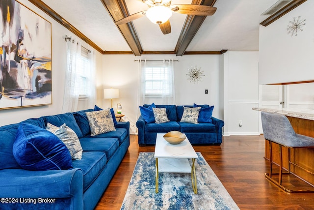 living room with dark hardwood / wood-style flooring, ceiling fan, and ornamental molding