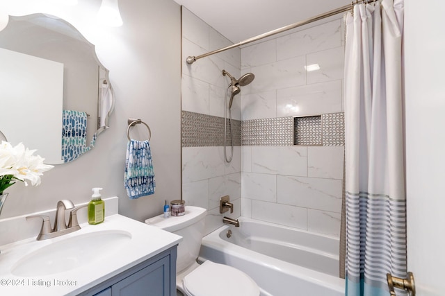 full bathroom with vanity, toilet, and shower / bathtub combination with curtain