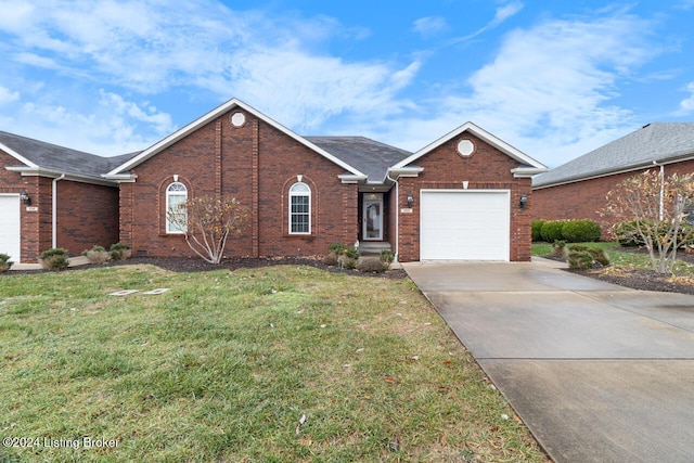 single story home with a garage and a front yard