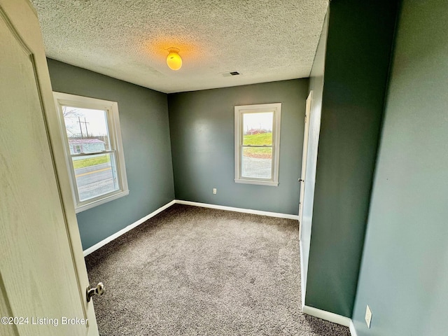 unfurnished room with a wealth of natural light, carpet floors, and a textured ceiling