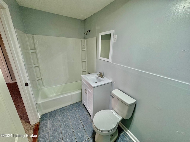 full bathroom with bathtub / shower combination, tile patterned floors, vanity, and toilet