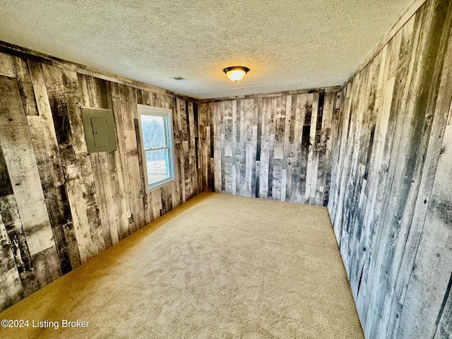 unfurnished room with electric panel, carpet, and a textured ceiling