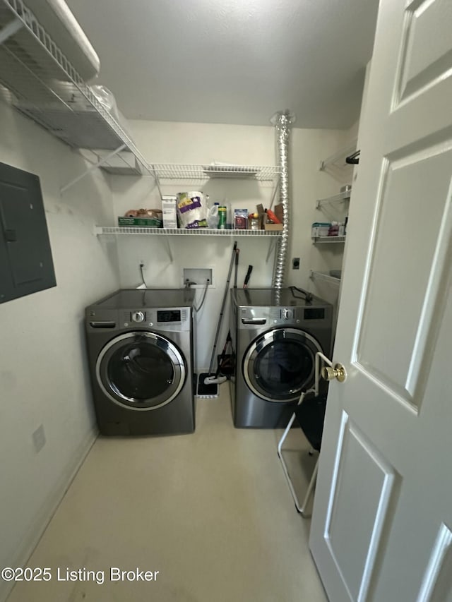 laundry room with electric panel and washer and dryer