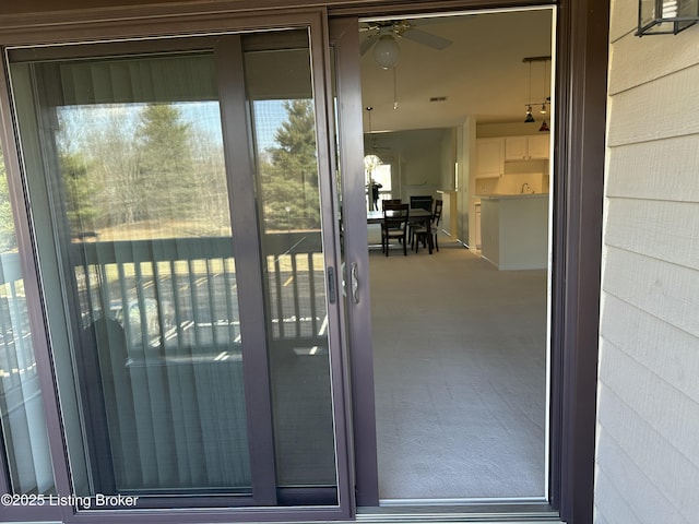 exterior space with ceiling fan, a healthy amount of sunlight, and carpet