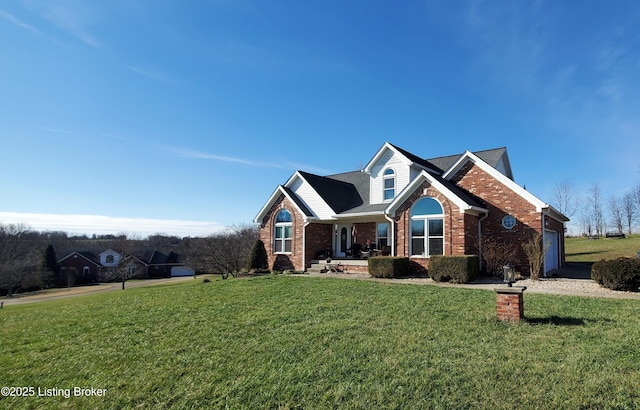 front facade with a garage and a front lawn