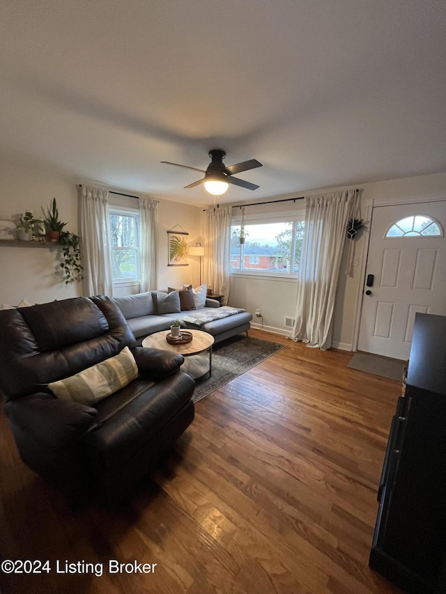 living room with hardwood / wood-style flooring and ceiling fan