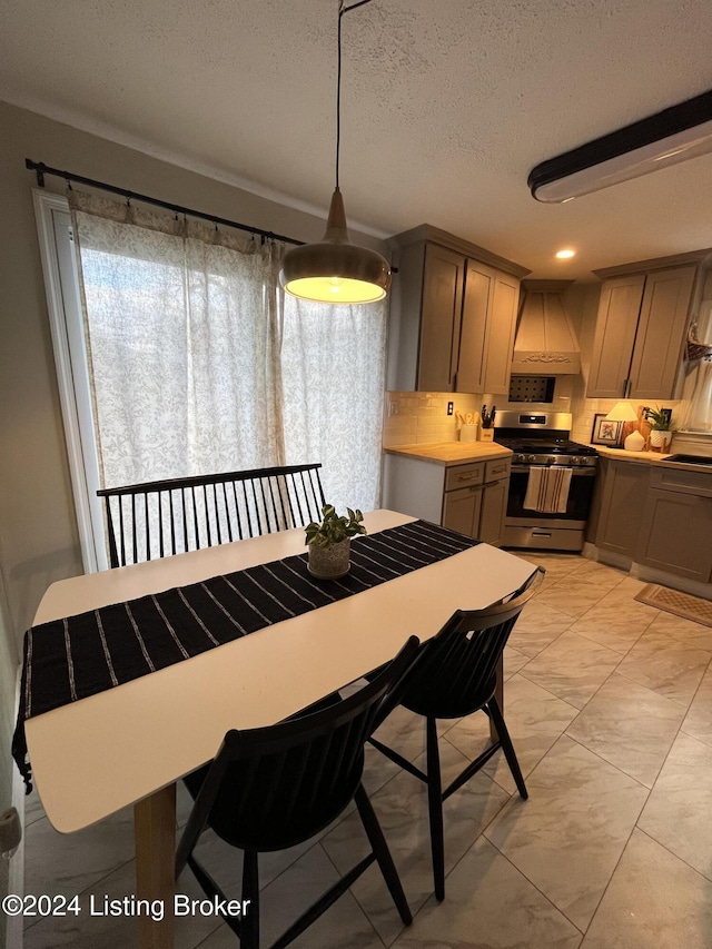 dining space with sink and a textured ceiling