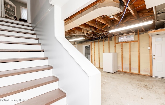 basement featuring white refrigerator