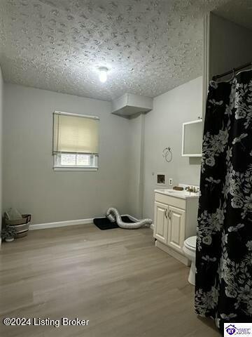 bathroom with toilet, vanity, a textured ceiling, and hardwood / wood-style flooring