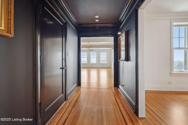 hall with a chandelier, light wood-type flooring, and ornamental molding