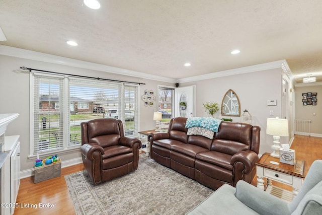 living room featuring crown molding, radiator heating unit, a textured ceiling, and light hardwood / wood-style flooring