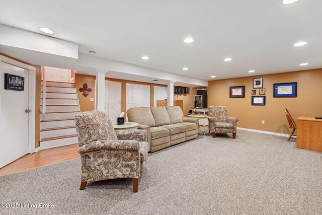 living room featuring light colored carpet