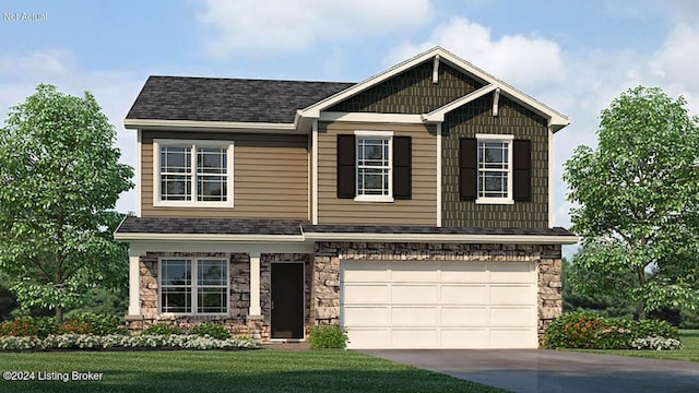 craftsman inspired home featuring a garage and a front lawn