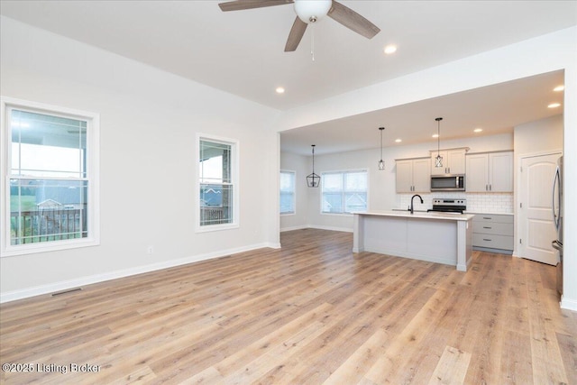 kitchen with stainless steel appliances, a healthy amount of sunlight, decorative light fixtures, gray cabinets, and an island with sink